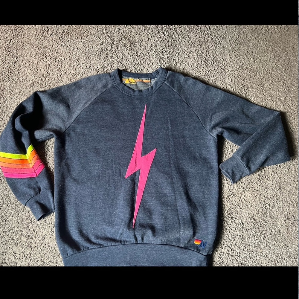 Aviator Nation Bolt Chevron Stripe Sweatshirt Dark Blue Gray Size Small
